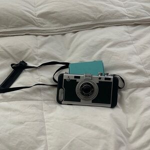Vintage-Inspired Black Camera Phone Case with Teal Pop